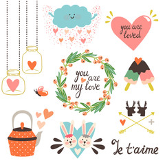 Vector set of romantic elements: jars, hearts, cloud, bunnies, teapot, icecream, arrows, deer's silhouette and hand written text "I love you" in French. Hand drawing objects are isolated on white