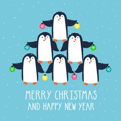 Vector Christmas card with cute penguins and text 
