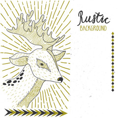 Vector rustic background with stylish illustration of deer, sunburst and decor elements. Black, white and golden trendy invitation template.