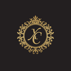 Initial letter XC, overlapping monogram logo, decorative ornament badge, elegant luxury golden color