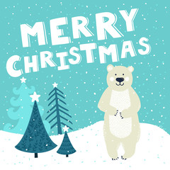 Vector Christmas card with cute polar bear. Holiday background with hand drawing cartoon character, winter landscape, Christmas trees and text "Merry Christmas".
