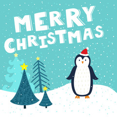 Vector Christmas card with cute penguin in Santa's hat. Holiday background with hand drawing cartoon character, winter landscape, Christmas trees and text 