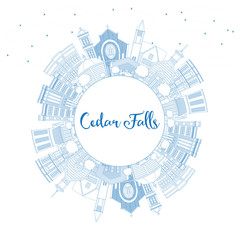 Obraz premium Outline Cedar Falls Iowa Skyline with Blue Buildings and Copy Space.