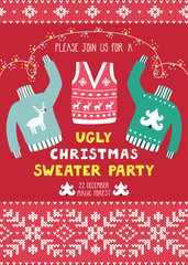 Vector invitation template with ugly sweaters, scandinavian ornaments and text "Please join us for a ugly Christmas sweater party". Holiday background with knitted elements. Christmas card.
