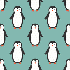 Seamless pattern with cute penguins. Childhish vector backgrounnd with cartoon characters. Winter repeating texture.