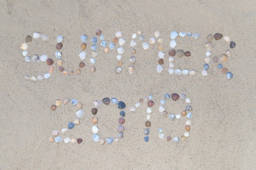In den Sand gelegte Muscheln bilden das Wort Summer 2019