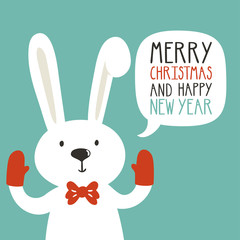 Vector holiday illustration of a cute rabbit in the mittens saying 