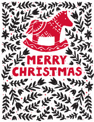 Vector holiday background with traditional ornaments and red horde. Christmas card with text "Merry Christmas" and floral design. Linocut printing.