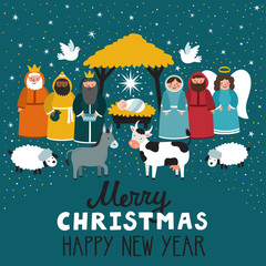 Traditional Christmas scene. Vector background with nativity scene. Holiday Christmas background.
