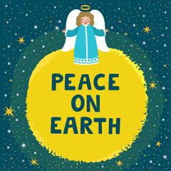Christmas greeting card with cute angel, moon, stars and text "Peace on Earth". Beautiful holiday background in cartoon style. Night childish background.