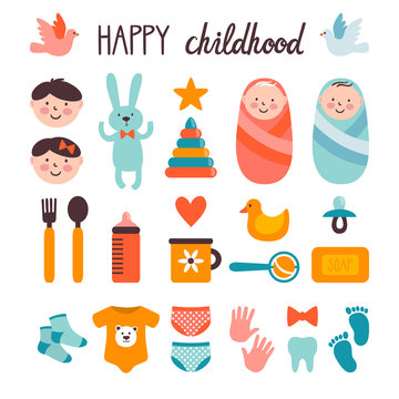 Set of cute childish elements. Collection of icons: little baby, girl, boy, toys, baby's dishes, clothes, footprint, tracing of hand, first tooth. Bright elements are solated on white.