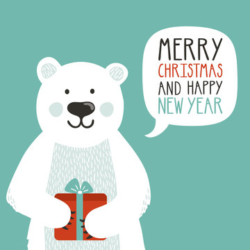 Vector holiday illustration of a cute polar bear with gift box saying "Merry Christmas and happy New Year". Christmas background with smiling cartoon character. Winter greeting card.