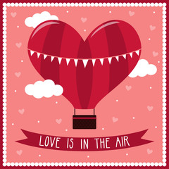 Vector romantic background with hot air ballon in heart shape, clouds, ribbon and text "Love is in the air". Love concept. Vintage valentine card.