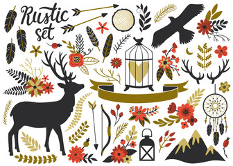 Vector rustic set with deer, eagle, mountains, dream catcher, lantern, ribbon, arrows, bow, bird cage, feathers, horns, flowers, branches, leaves, berries and wood slice. Stylish trendy collection.