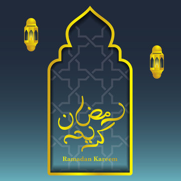 Ramadan Kareem islamic vector illustration, greeting design mosque dome, arabic pattern with lantern and calligraphy