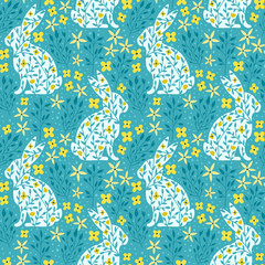 Vector seamless pattern with rabbit's silhouettes and flowers. Beautiful floral texture. Spring background with sitting bunny.