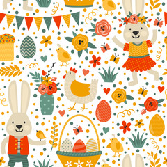 Vector Easter seamless pattern with Easter bunny, eggs, hen, chickens, basket with eggs, cake, garland of flags. Bright holiday childish background. Wrapping paper texture.