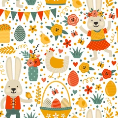 Foto op Aluminium Vector Easter seamless pattern with Easter bunny, eggs, hen, chickens, basket with eggs, cake, garland of flags. Bright holiday childish background. Wrapping paper texture. © beskovaekaterina