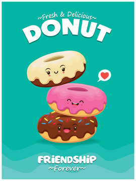 Vintage food poster design with vector donuts characters.