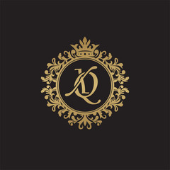 Initial letter XQ, overlapping monogram logo, decorative ornament badge, elegant luxury golden color