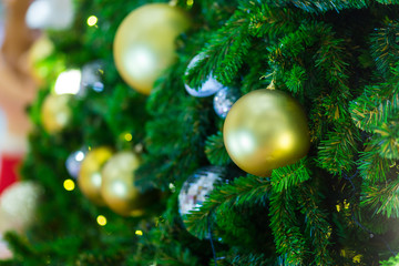 Obraz na płótnie Canvas Closeup of Colorful light Abstract circular bokeh Green Christmas tree background.