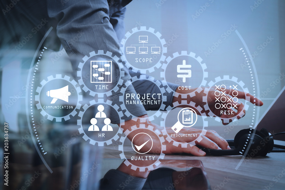 Poster Man using VOIP headset with digital tablet computer docking smart keyboard, concept communication, it support, call center and customer service help desk,filter effect