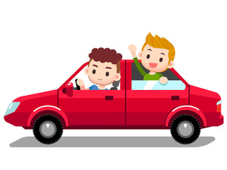 Vector set of people, man driving car with company, kid, children in back seat.