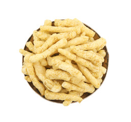 Indian Street Food Spicy Kurkure Also Know as Namkeen Sticks, Green Chutney Kurkure isolated on White Background