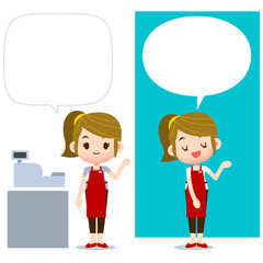 Vector Female Cashier Character with Blank, Empty Message Board