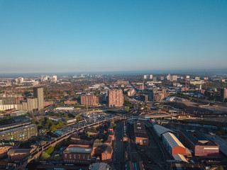 Manchester City Centre Drone Aerial View Above Building Work Skyline Construction Blue Sky Summer