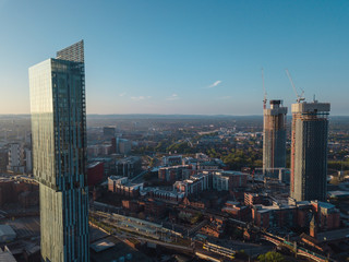 Manchester City Centre Drone Aerial View Above Building Work Skyline Construction Blue Sky Summer - obrazy, fototapety, plakaty
