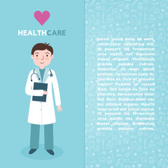 Vector medical brochure template with doctor, stethoscope, medic pattern and place for text. Flyer design.