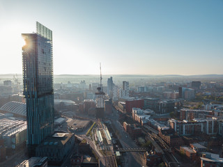 Manchester City Centre Drone Aerial View Above Building Work Skyline Construction Blue Sky Summer