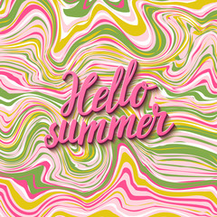 Vector bright summer card with beautiful marble texture and hand written text "Hello summer". Trendy stylish summer background. Banner template.
