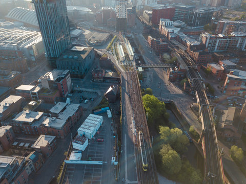 Manchester City Centre Drone Aerial View Above Building Work Skyline Construction Blue Sky Summer