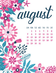 Vector calendar page for August 2016 with flowers.
