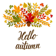 Vector autumn background with bouquet from colorful leaves and hand written text 