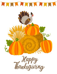 Vector holiday background with pumpkins, hay bale, garlands of flags, turkey and hand written text "Happy Thanksgiving". Bright autumn invitation template. Harvest fest.