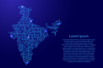 Map India from printed board, chip and radio component with blue star space on the contour for banner, poster, greeting card. Vector illustration.