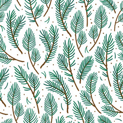 Vector seamless pattern with pine branches. Forest repeating texture. Floral background.