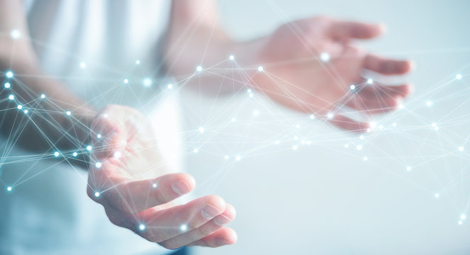 Businessman using flying network connection 3D rendering