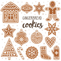 Vector set of gingerbread cookies: house, gingerbread man, stars, snowflakes, Christmas ornaments, sock, mitten, sugar cane and Christmas tree. Collection of homemade holiday cookies. New Year bakery.