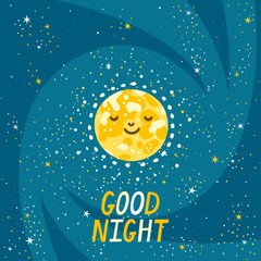 Vector night background with moon, stars and hand written text 