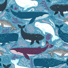 Vector seamless pattern with whales. Repeated texture with marine mammals: narwhal, blue whale, beluga whale, white whale and sperm whale. Blue sea background with animals. © beskovaekaterina