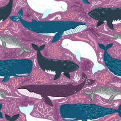 Vector seamless pattern with whales. Repeated texture with marine mammals. Sea background with animals.