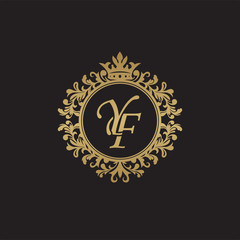 Initial letter YF, overlapping monogram logo, decorative ornament badge, elegant luxury golden color