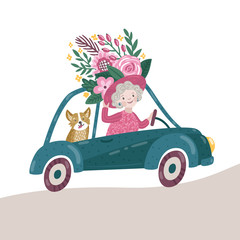 Vector illustration of woman and corgi dog in the car. Beautiful summer travel concept. Bright card with traveling senior woman.