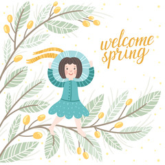 Vector illustration with cute little girl walking on the blooming tree. Childish card with cartoon character and hand written text "Welcome spring".