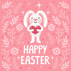 Vector holiday background with cute rabbit, heart, floral elements and text "Happy Easter". Beautiful pink poster with cartoon character.