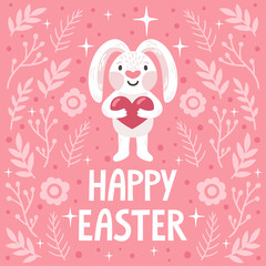 Vector holiday background with cute rabbit, heart, floral elements and text 